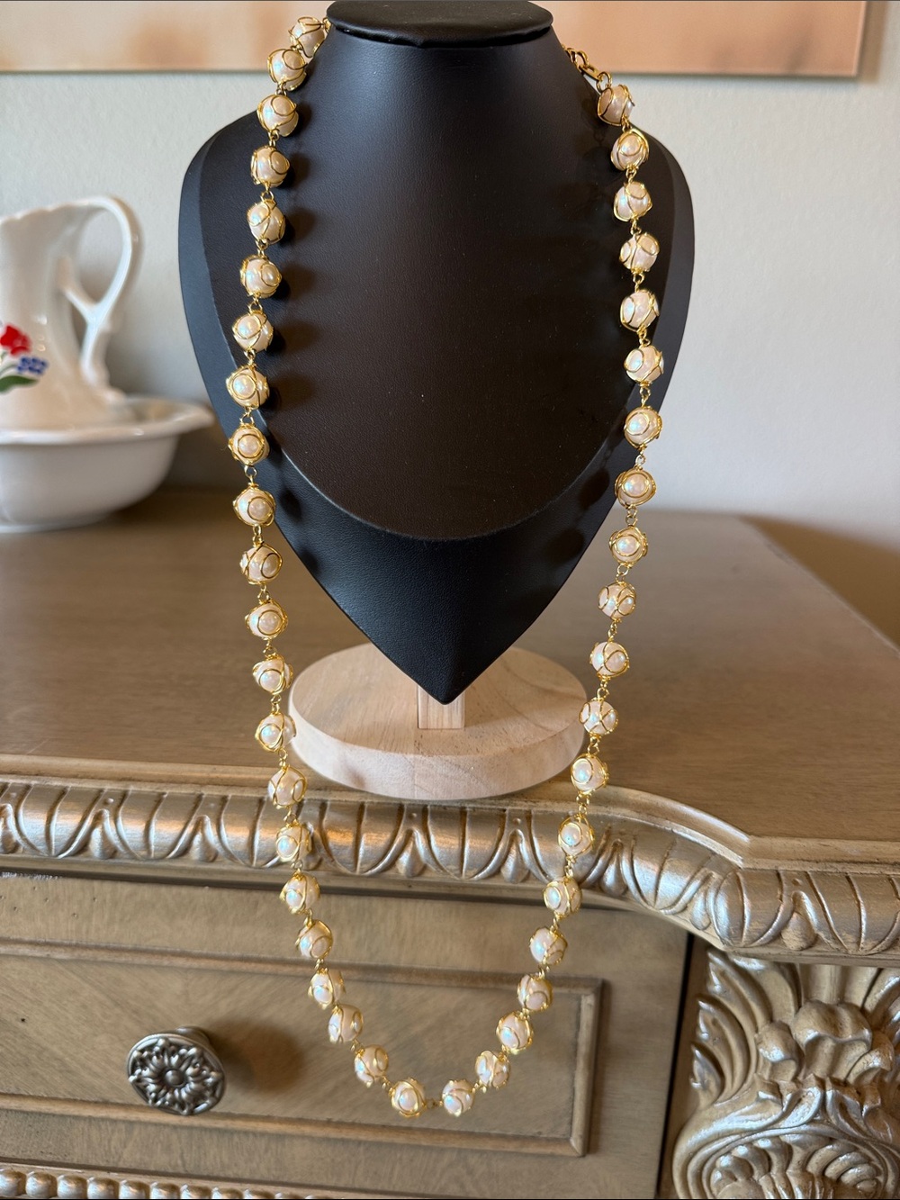 Gold-Tone Pearl Station Long Necklace - Cream Bead Chain